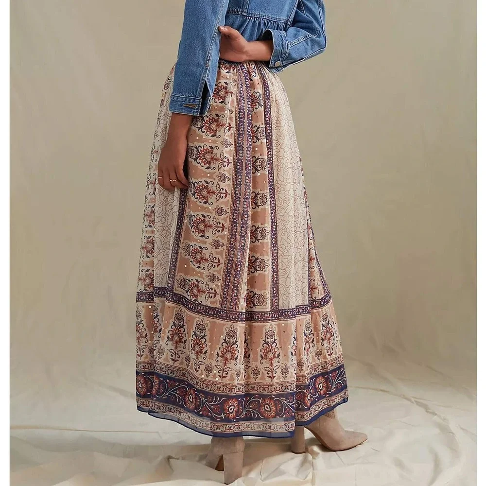 Anthropologie Let Me Be Embroidered Maxi Skirt Beaded Boho Ethereal Size Small